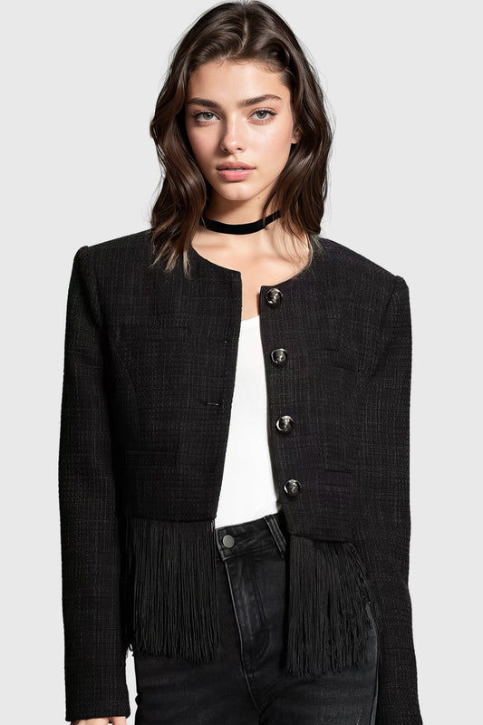 Sophisticated Black Tweed Jacket with Fringe at Hem | Mix Mix Style [Hot Seller]