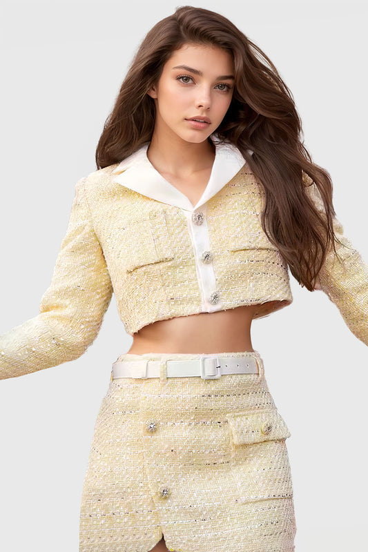 Tweed Buttoned Cropped Jacket & Mini Skirt Set - Light Yellow | Mix Mix Style [Hot Seller]