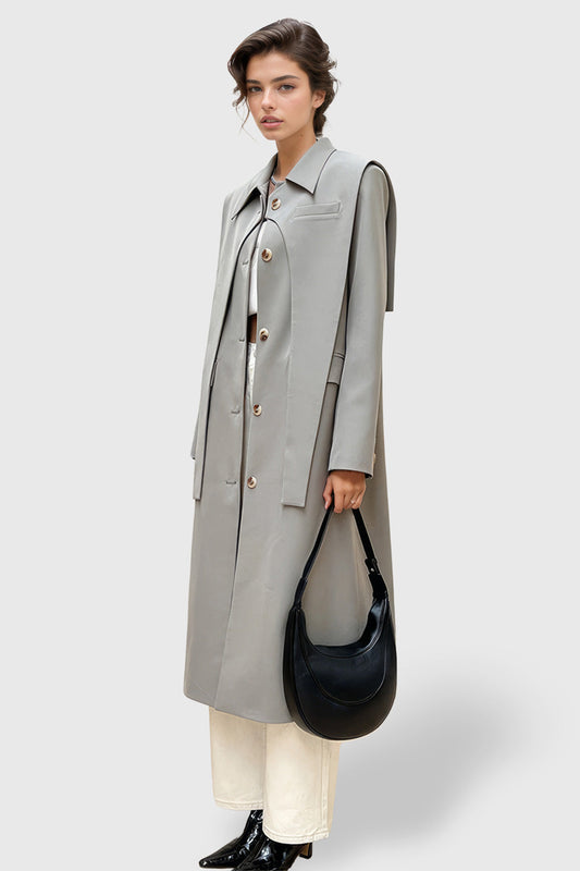 Grey Fitted Trenchcoat with Double Layer Detail | Mix Mix Style [Hot Seller]