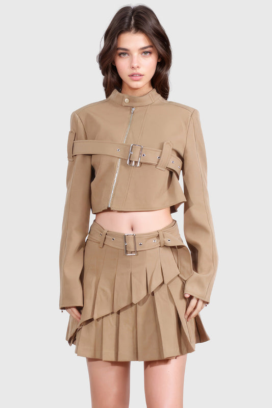 Versatile Belted 2-Piece Set with Jacket and Skirt - Brown | Mix Mix Style [Hot Seller]