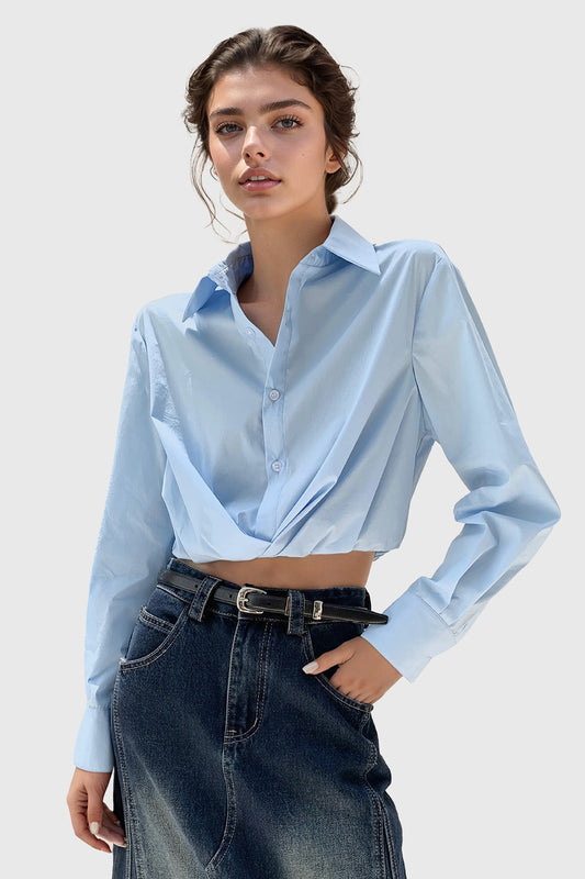 Cropped Long Sleeve Top with Elastic Hem - Blue | Mix Mix Style [Hot Seller]