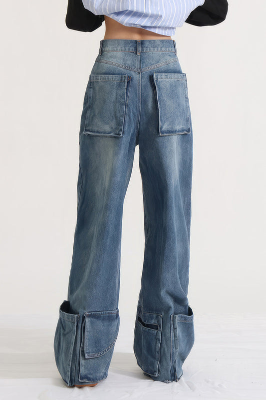 High Waisted Jeans with Pockets at Hem - Blue | Mix Mix Style [Hot Seller]