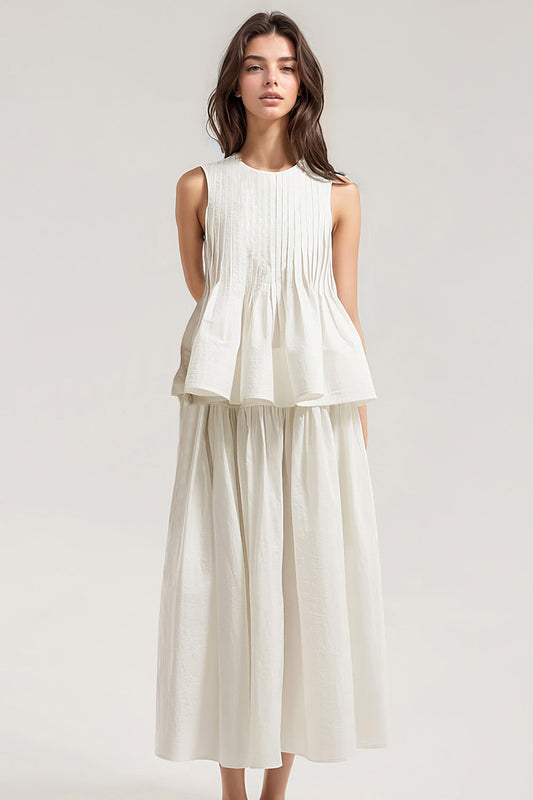 Pleated Top & Midi Skirt 2-Piece Set - White | Mix Mix Style [Hot Seller]