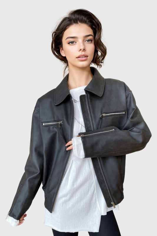 Outwear Black Minimal Classic Leather Jacket with Zipper | Mix Mix Style [Hot Seller]