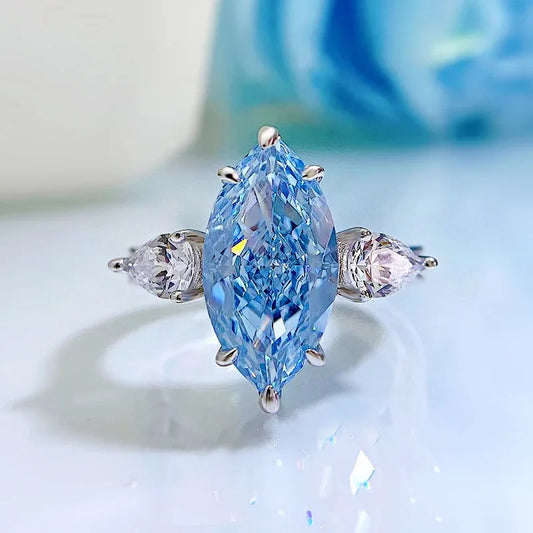 Ocean Solitarie Blue Marquise Cut Lab Grown Diamond 18k White Gold Plated Engagement Ring
