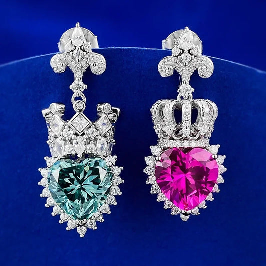 Crown Heart Blue & Pink Dazzling Trendy Heart Cut Lab Grown Diamond Luxury 18k White Gold Plated Drop Earrings | Mix Mix Style