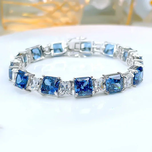 Fashion Light Luxury Blue Diamond Princess Square 18k White Gold Bracelet | Mix Mix Style