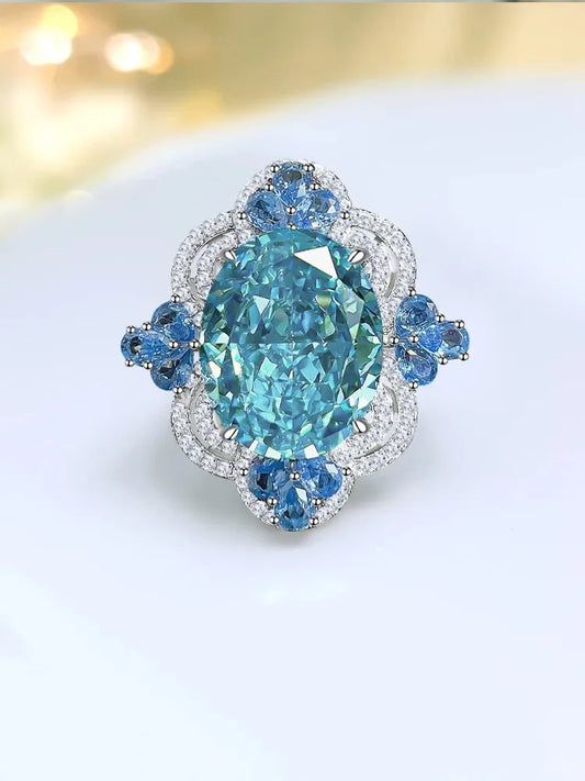 Sea Blue Luxury Oval Cut Diamond Diamond Temperament Retro 18k White Gold Plated Engagement Ring | Mix Mix Style