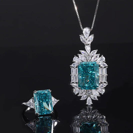 Elegant Green Emerald Pendant Luxury 18k White Gold Plated Necklace & Ring Set | Mix Mix Style