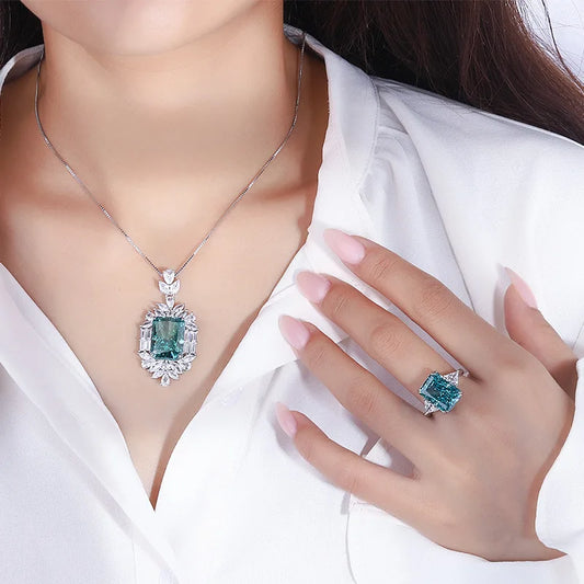 Elegant Green Emerald Pendant Luxury 18k White Gold Plated Necklace & Ring Set | Mix Mix Style