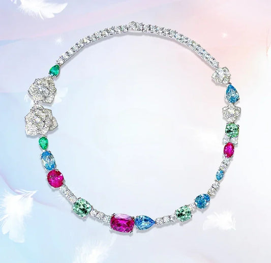 Fashionable Flower Multicolor Candy Diamonds 18k White Gold Necklace | Mix Mix Style