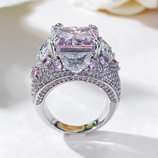 Purple Big Cushion Cut Lab Grown Diamond 18k White Gold Plated Engagement Ring