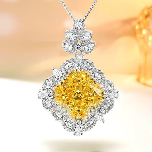 Luxury Curshion Square Yellow Diamond Pendant 18k White Gold Necklace | Mix Mix Style