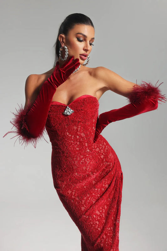 red strapless backless side slit Velvet Lace Diamonate valentine party maxi Dress | Mix Mix Style