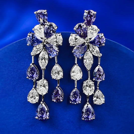 Tassel Classic White & Blue Pear Cut Lab Grown Diamond Elegant 18k White Gold Plated Drop Earrings | Mix Mix Style