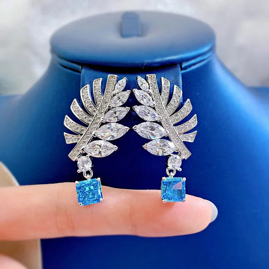 Leaf Classic Timeless Blue Cushion Cut Lab Grown Diamond Elegant 18k White Gold Plated Earrings | Mix Mix Style