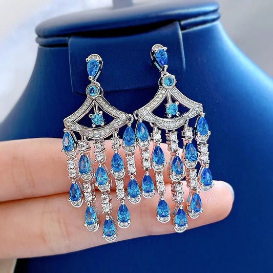 Dazzling Tassel Timeless Sea Blue Pear Cut Lab Grown Diamond Luxury 18k White Gold Plated Drop Earrings | Mix Mix Style