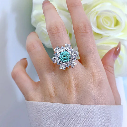 Flower Aquamarine Blue Round Cut Lab Grown Diamonds 18k White Gold Plated Engagement Ring