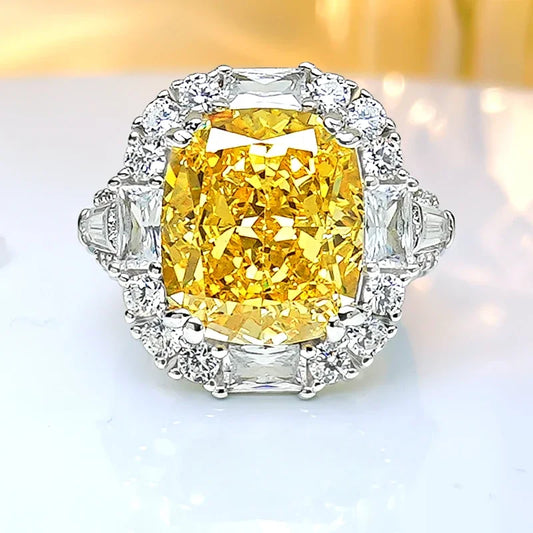 Yellow Luxury Cushion Cut Lab Grown Diamonds 18k White Gold Plated Engagement Ring