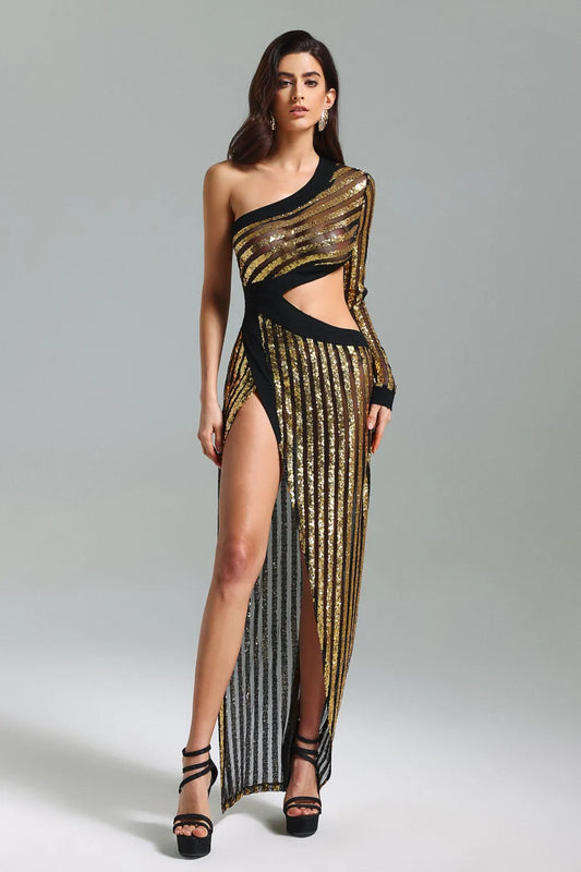 gold & black One shoulder long sleeve irregular cutout slit Metalic party maxi Dress | Mix Mix Style