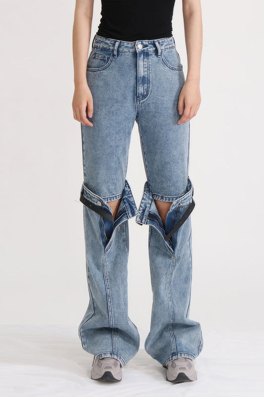 High Waisted Jeans with Knee Cuts - Blue | Mix Mix Style [Hot Seller]
