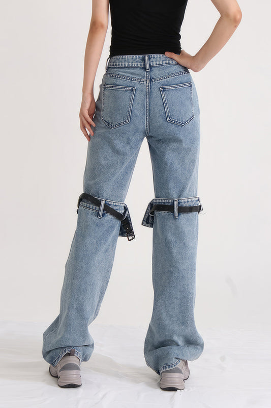 High Waisted Jeans with Knee Cuts - Blue | Mix Mix Style [Hot Seller]