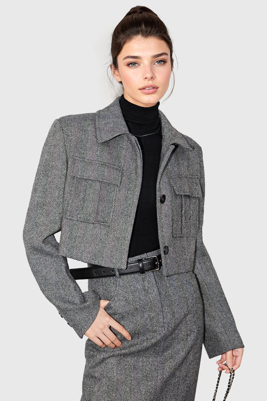 Classic Grey Short Textured Jacket with Pockets | Mix Mix Style [Hot Seller]