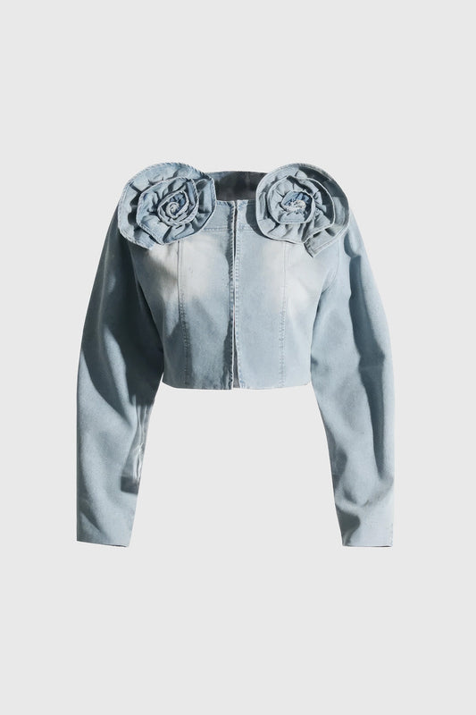 Stylish Blue Cropped Denim Jacket with Flowers | Mix Mix Style [Hot Seller]