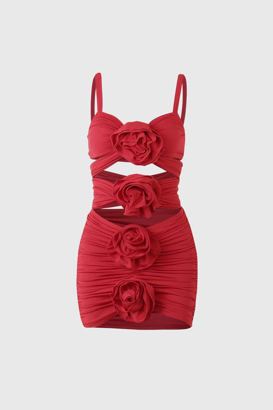 Cutout 2-Piece To & Mini Skirt Set with Flowers - Red | Mix Mix Style [Hot Seller]