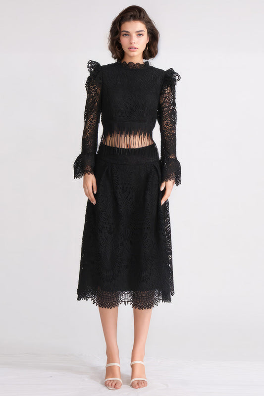 Elegant Lace Long Sleeve Top & Midi Skirt Set - Black | Mix Mix Style [Hot Seller]
