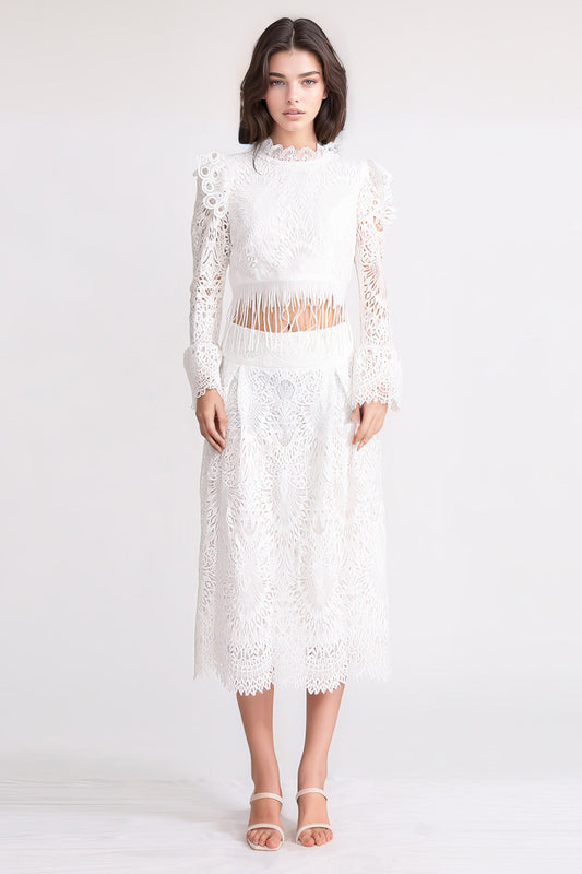 Lace Long Sleeve Top & Midi Skirt  Set - White | Mix Mix Style [Hot Seller]