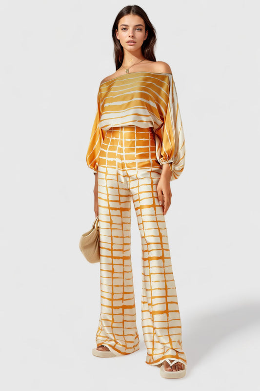 Delicate Flowy Pattern Off Shoulder Top & Trousers Set - Yellow | Mix Mix Style [Hot Seller]