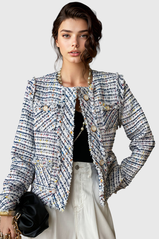 Blue Sophisticate Tweed Long Sleeve Jacket | Mix Mix Style [Hot Seller]