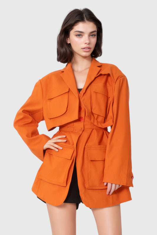 Vibrant Orange Cambered Cargo Jacket with Belt | Mix Mix Style [Hot Seller]