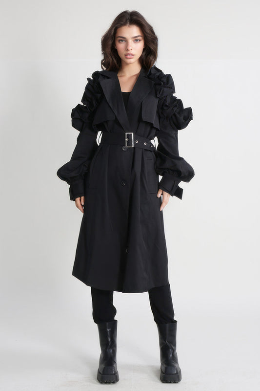 Single Breasted Trenchcoat with Sleeve Details - Black | Mix Mix Style [Hot Seller]