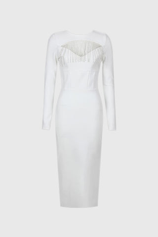 White Elegant Long Sleeve Midi Dress with Front Cut and Slit | Mix Mix ...