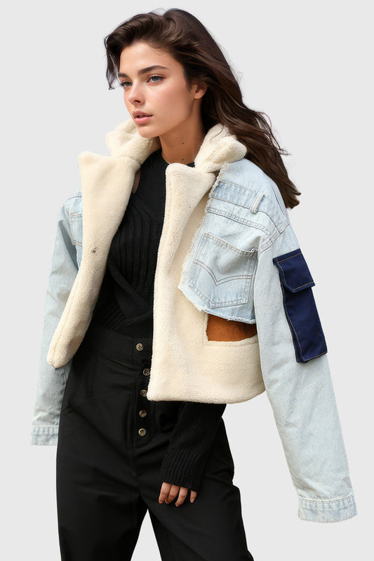 Blue Outwear Fur Jacket with Denim Inserts | Mix Mix Style [Hot Seller]