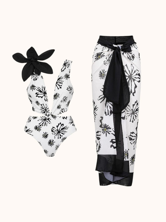 Black & White Flower Cutout Swimwear Two Piece Set | Mix Mix Style