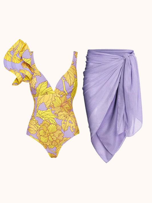 Yellow & Purple Ruffle Swimwear Two Piece Set | Mix Mix Style