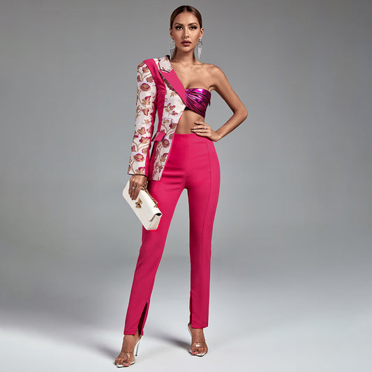 Pink One Shoulder Long Sleeve Splicing Bodycon Set | Mix Mix Style [Hot Seller]