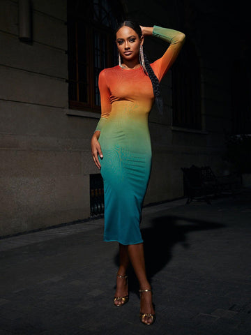 Colorful Ombre Long Sleeve Mesh Midi Dress | Mix Mix Style [Hot Seller]