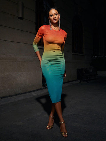 Colorful Ombre Long Sleeve Mesh Midi Dress | Mix Mix Style [Hot Seller]