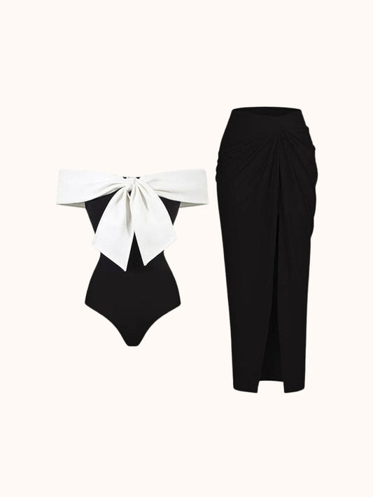 Black & White Bow Off Shoulder Swimwear Two Piece Set | Mix Mix Style