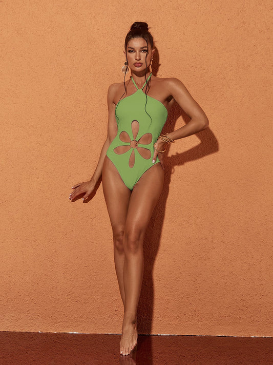 Crossneck Flower Cutout One Piece Swimsuit In Green | Mix Mix Style