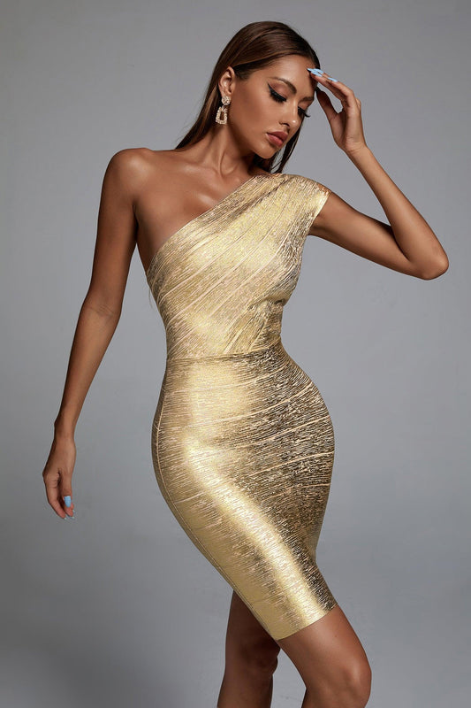 Golden One Shoulder Metallic Mini Cocktail Dress | Mix Mix Style [Hot Seller]