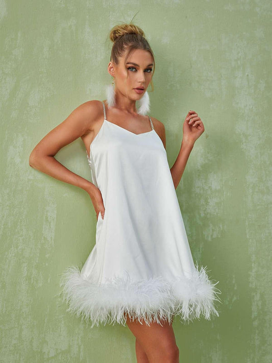 Kamaria Spaghetti Feather Mini Dress In White | Mix Mix Style [Hot Seller]