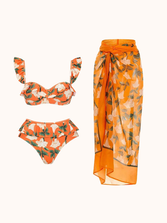 Tropical Orange Ruffle Printed Bikini Three Piece Set | Mix Mix Style