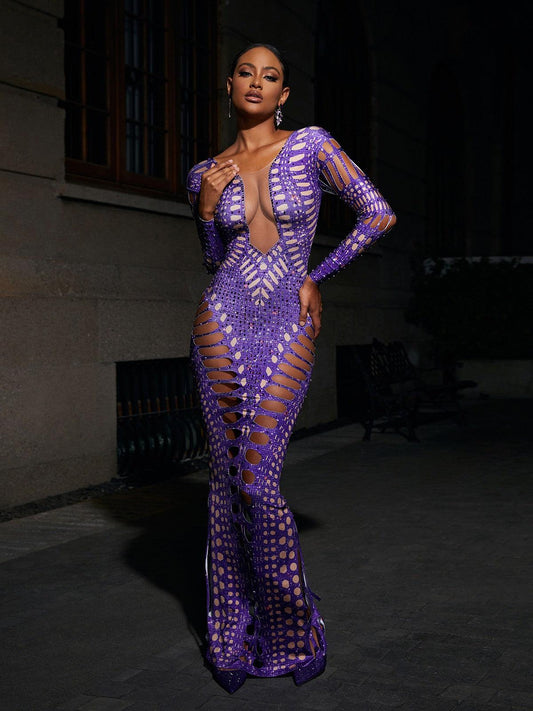 Purple Long Sleeve Rhinestone Cutout Maxi Dress | Mix Mix Style [Hot Seller]