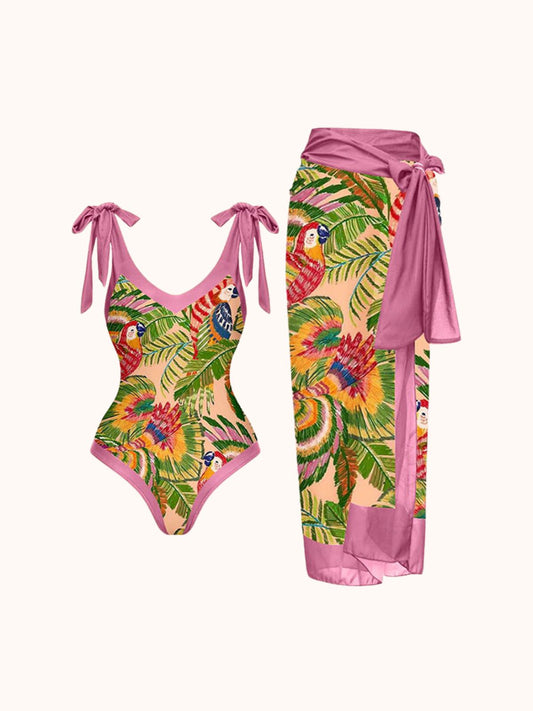 Multicolor Parrot Printed Swimwear Two Piece Set | Mix Mix Style