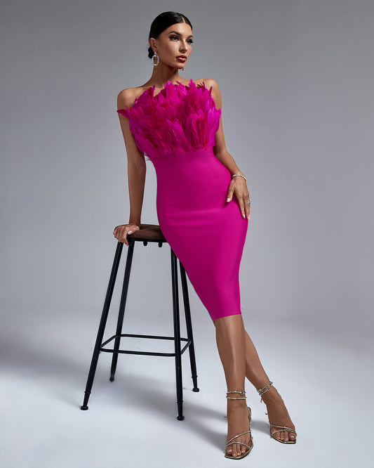 Pink Strapless Feather Midi Bandage Dress | Mix Mix Style [Hot Seller]